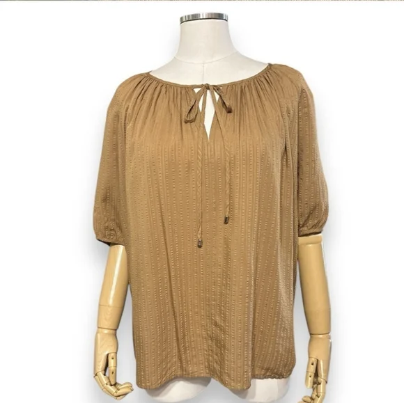TOMMY HILFIGER  Fire Island Tie Neck Striped Blouse Tan88% Viscose - Picture 10 of 10